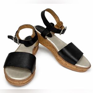 Lucca Lane Black Leather Cork Wedge Sandals Ankle Strap Comfort Size 9